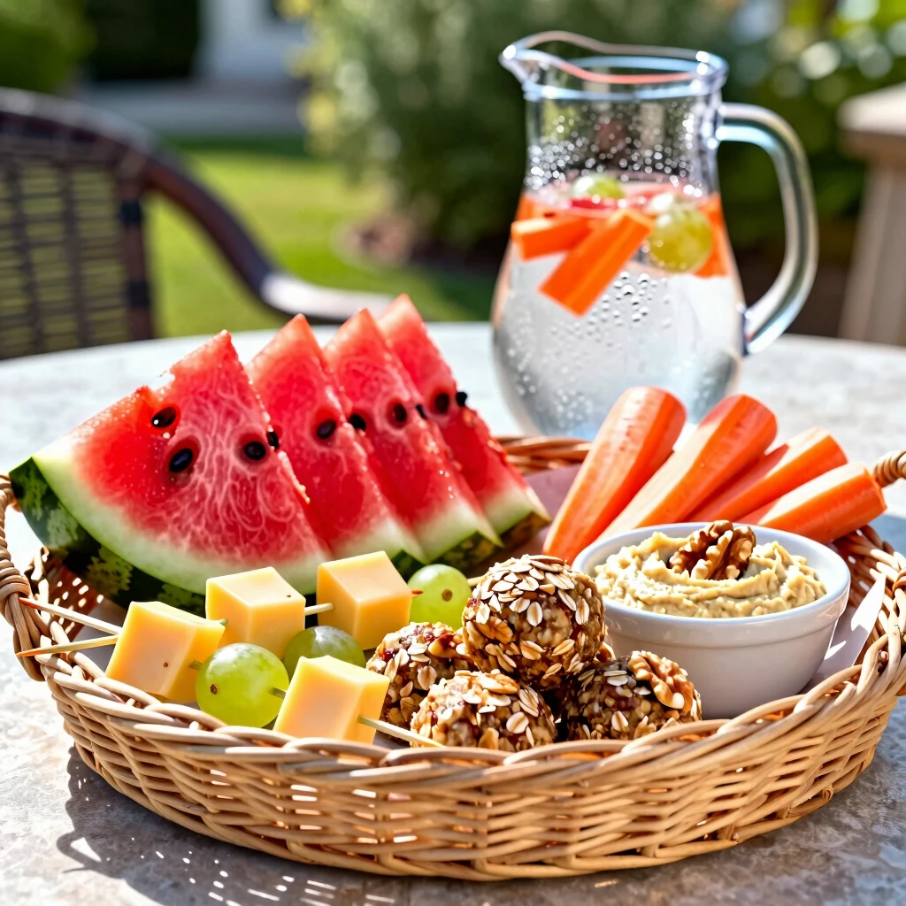 Refreshing healthy summer snacks in a family basket