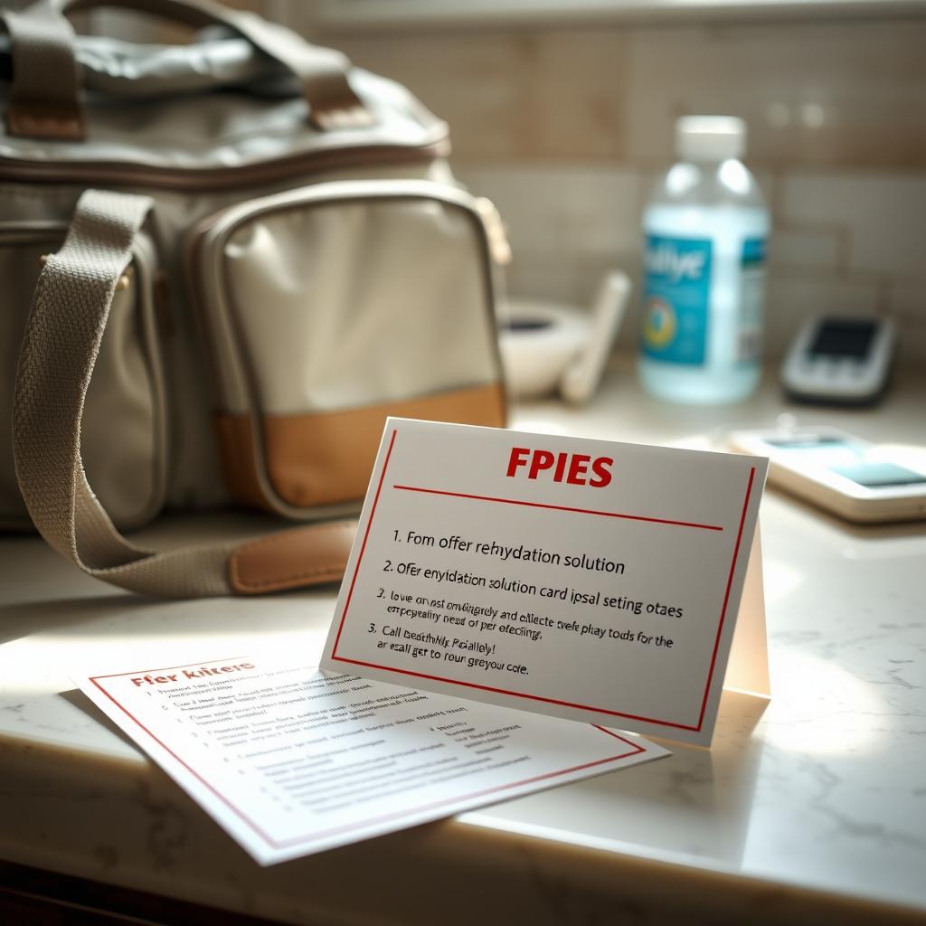 A laminated FPIES emergency instruction card on a counter with a diaper bag, Pedialyte bottle, and phone in the background.