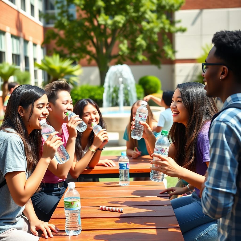 Teens drinking water and laughing in a sunny school courtyard