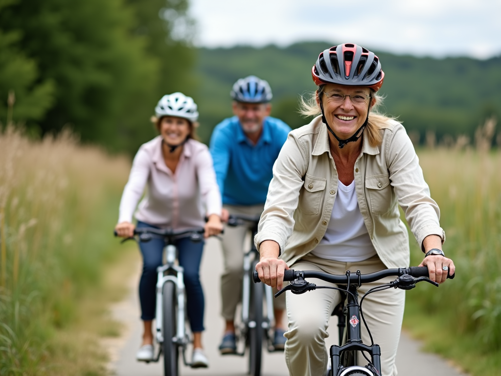 Seniors cycling outdoors.