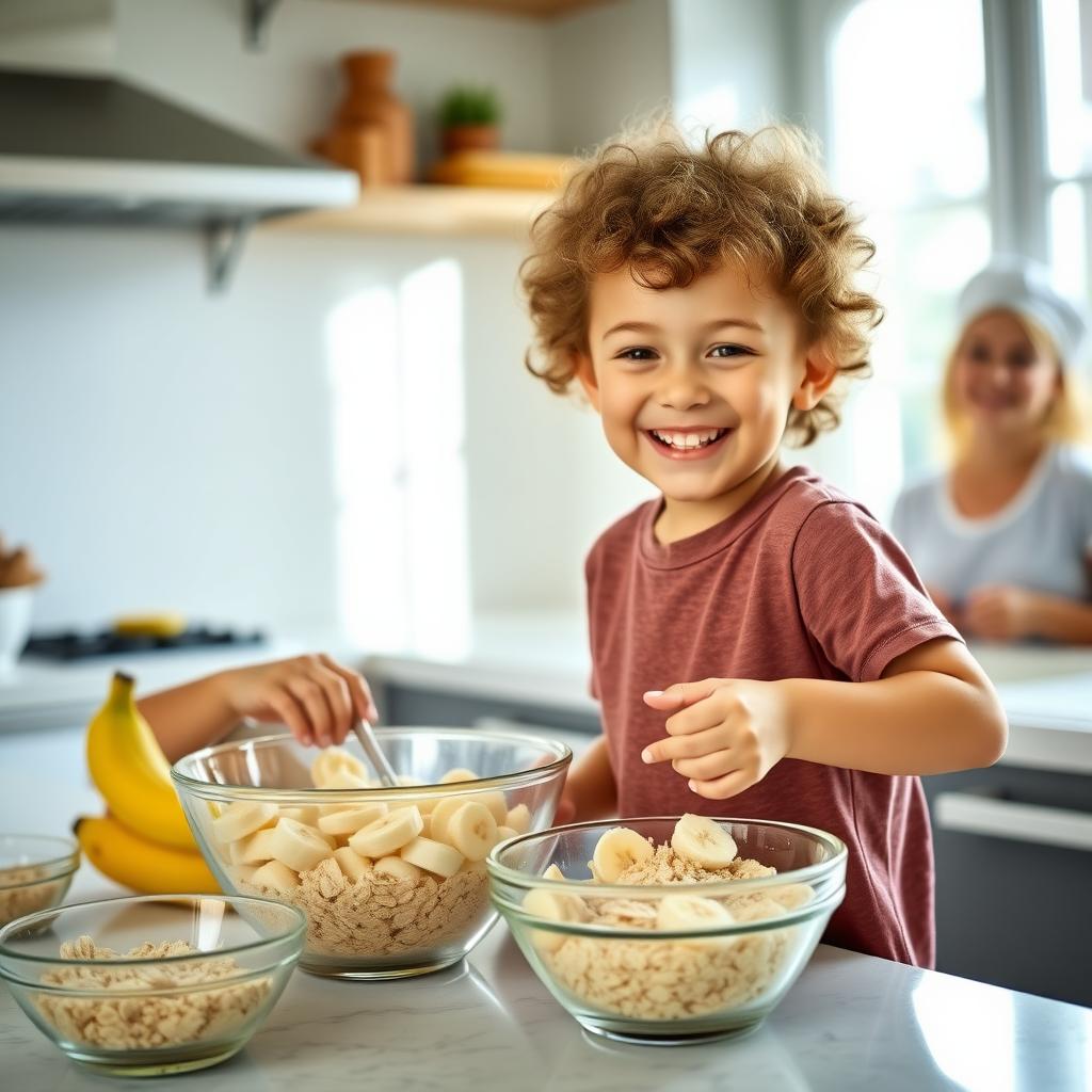 A young child with curly hair mixes bananas and oats in a bright kitchen, with a parent smiling and sunlight streaming through a window.