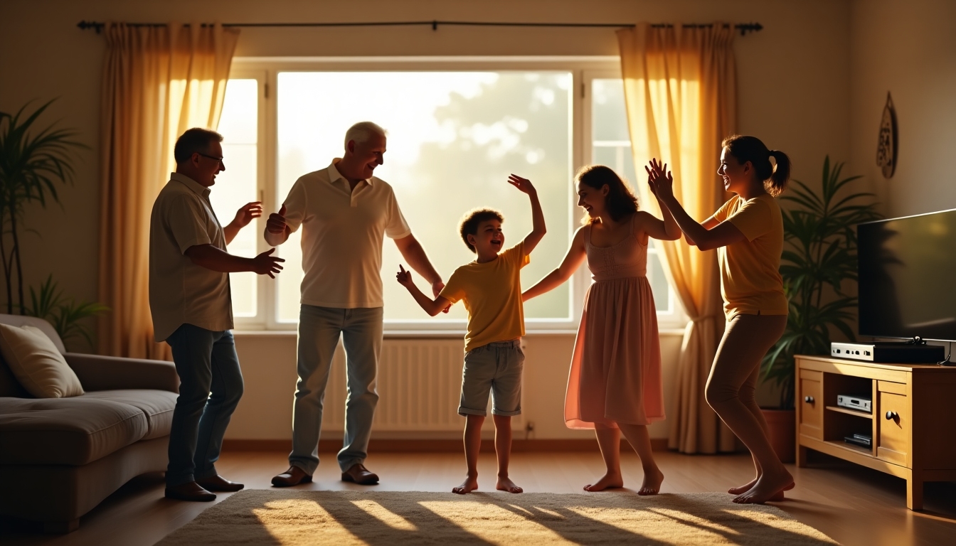 Family dancing together in living room
