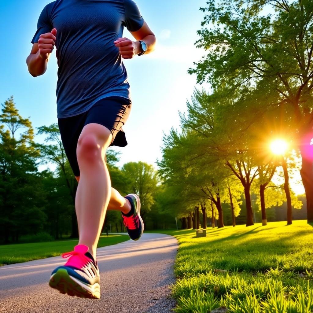 A runner jogs on a park trail at sunrise, dressed in athletic gear with trees and sunlight in the background.