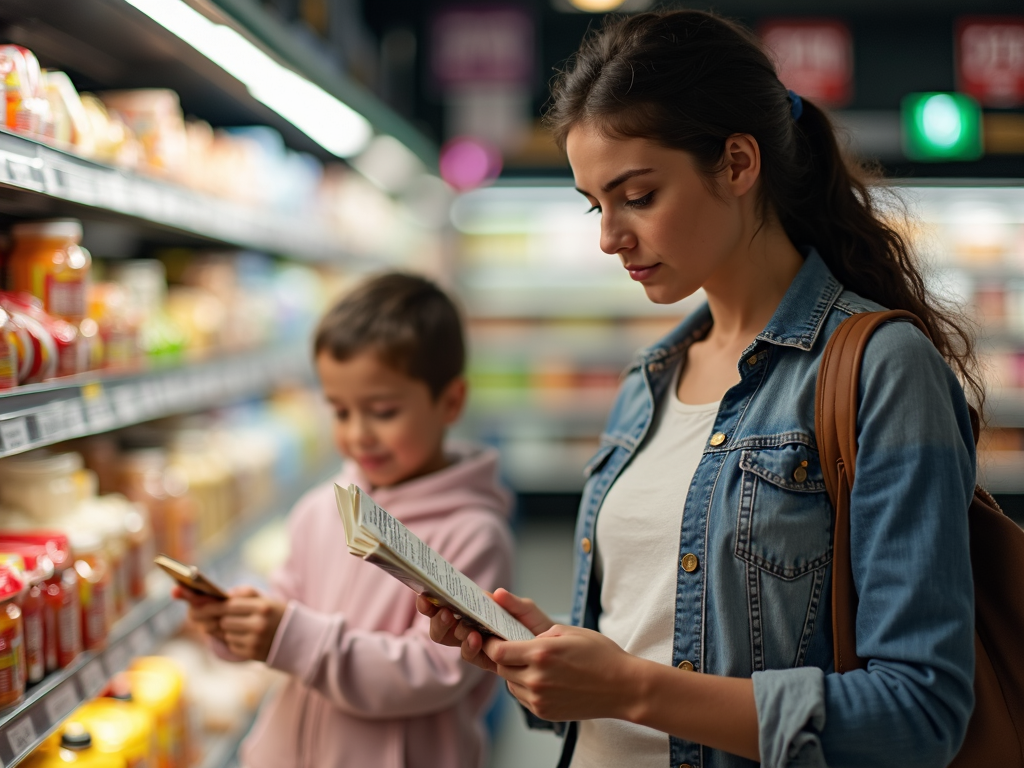 A parent carefully reading food labels to ensure safety for their child with special dietary needs.