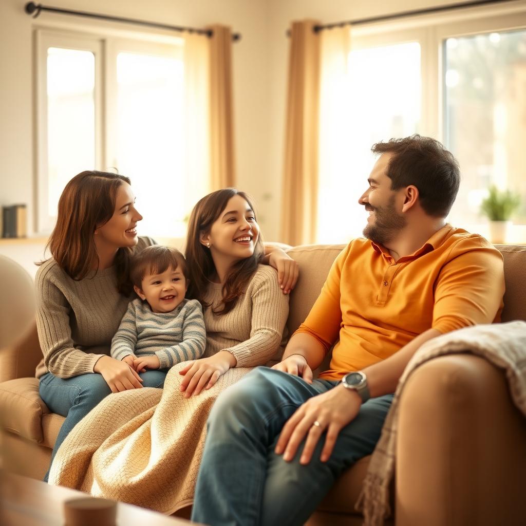 Family sitting together in a warm, sunlit living room, smiling and talking.
