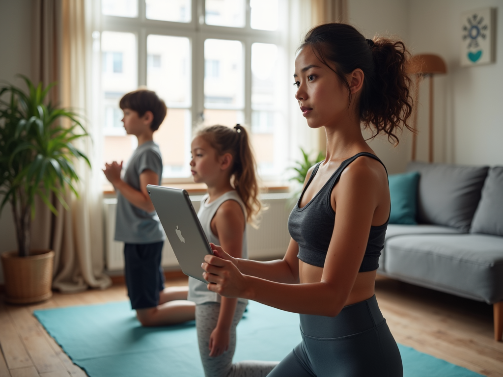Family doing home workout together
