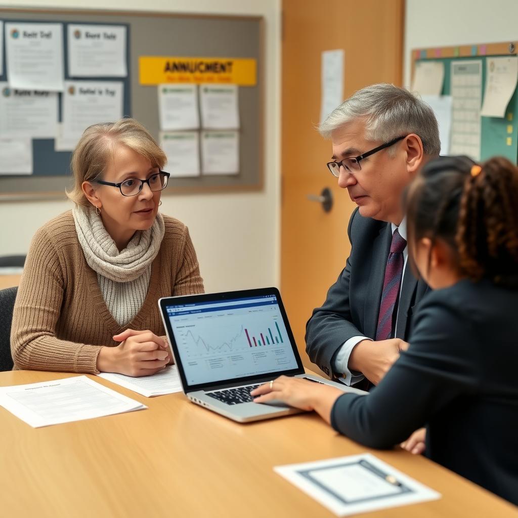 Parent and teacher in a school office discuss student data privacy with a laptop and papers on the desk.