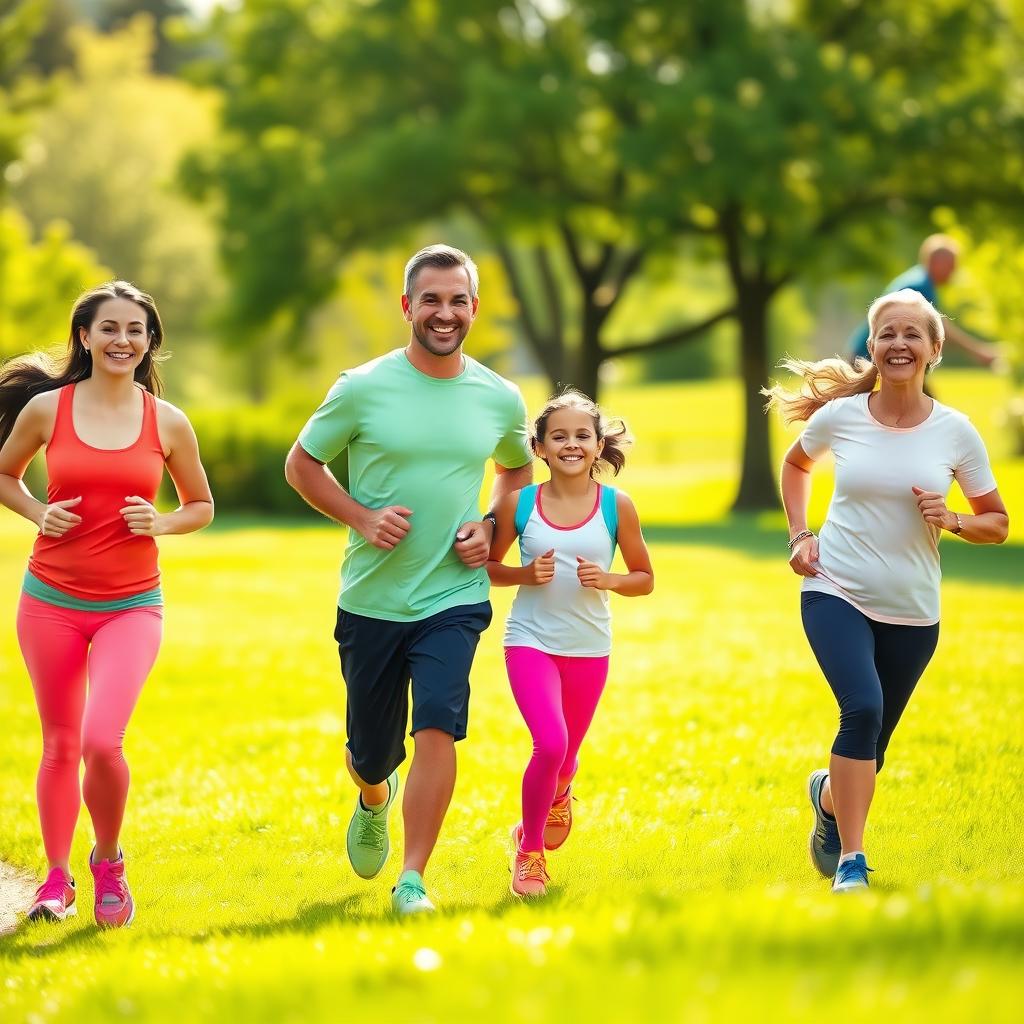 A family of four jogging happily in a sunny park surrounded by green grass and trees.