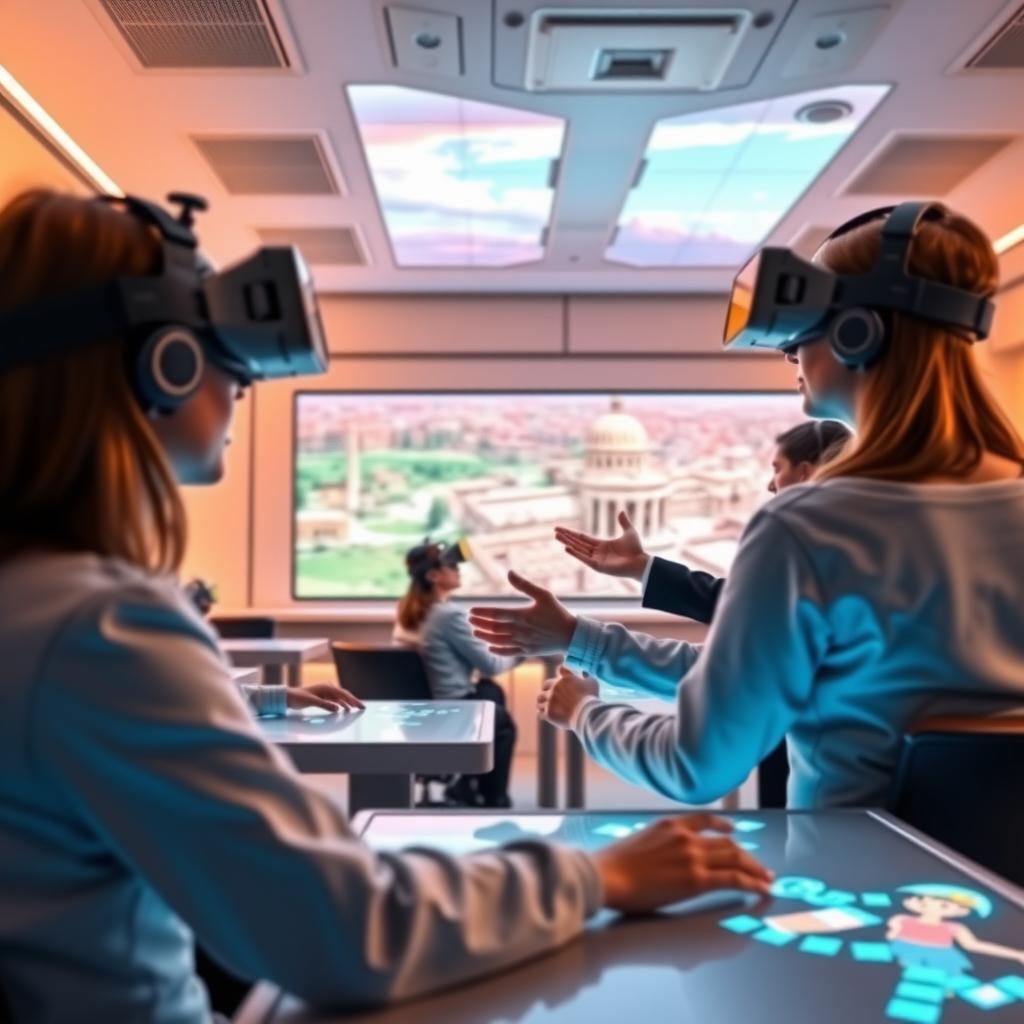 Students in a futuristic classroom use VR headsets to explore a virtual ancient Roman city guided by AI.