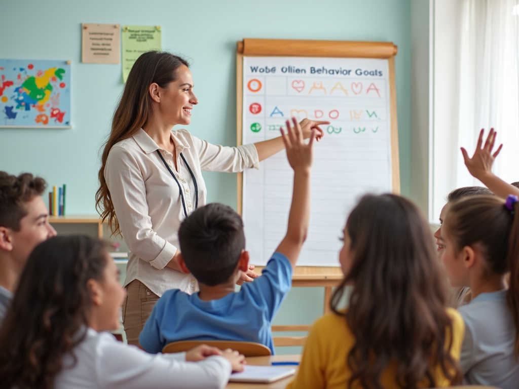 A teacher leading a behavioral therapy session with engaged students in a classroom.