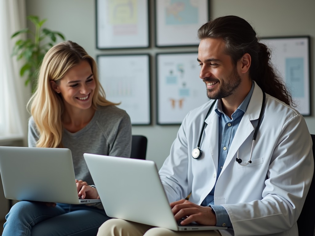 Telehealth consultation between a doctor and a patient via video call.