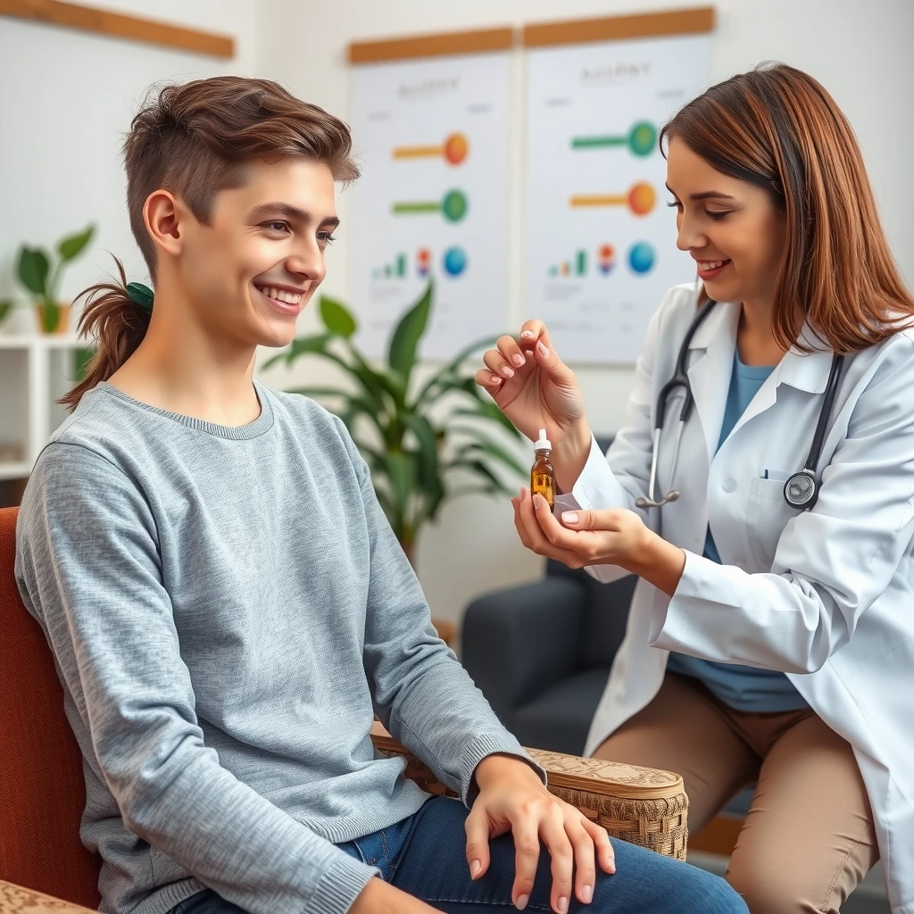 Patient receiving sublingual allergen immunotherapy from a doctor