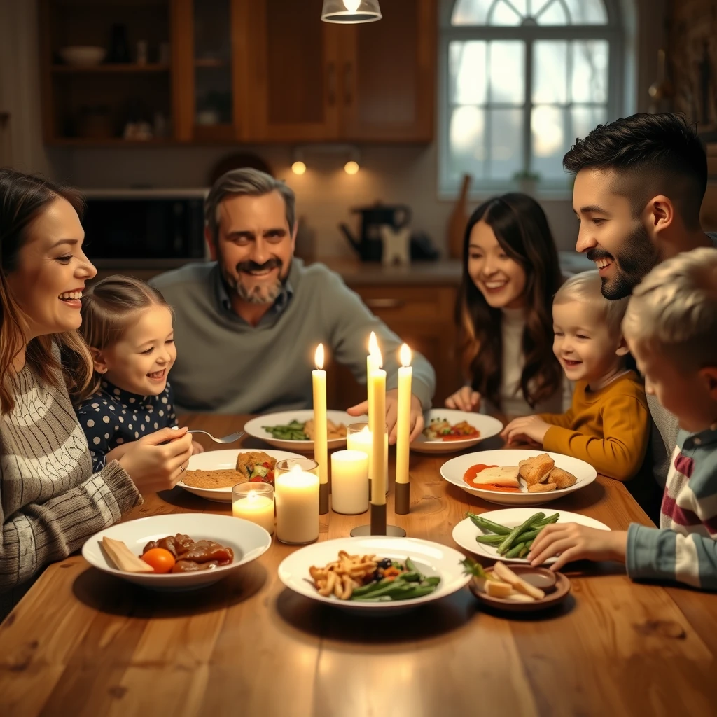 A family enjoying a mindful dinner together at home