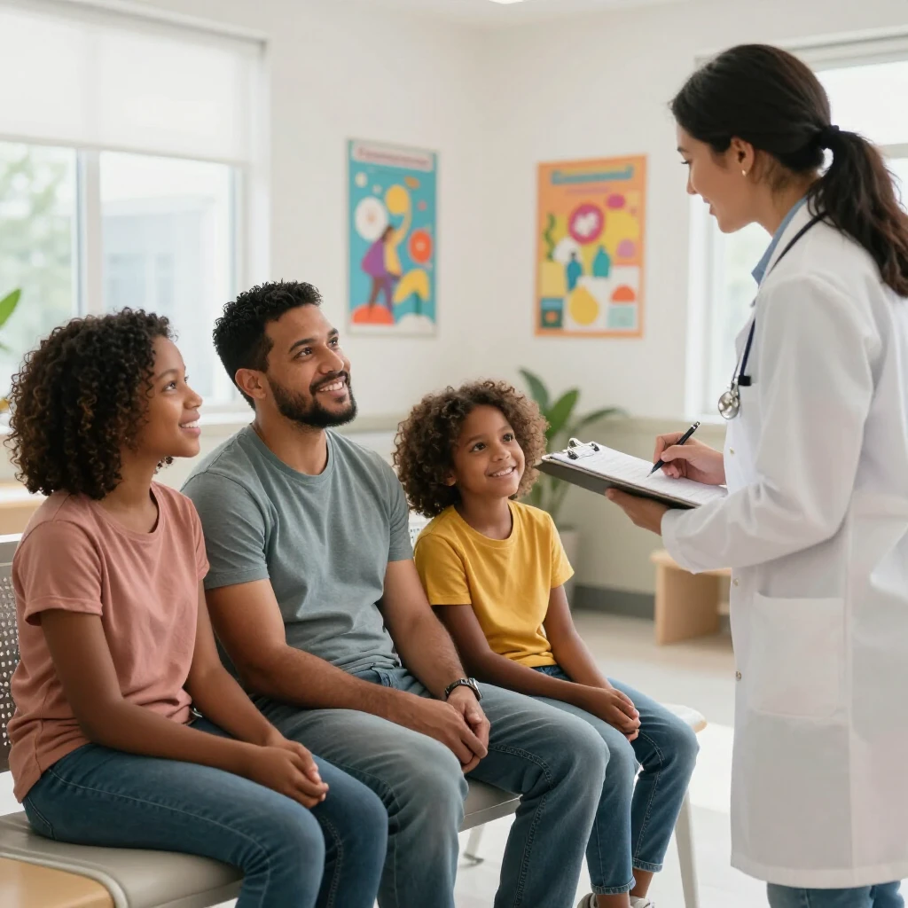 Diverse low-income family receiving care at a community health center