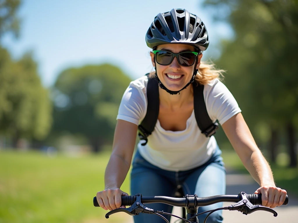 A beginner cyclist enjoying a ride in the park.