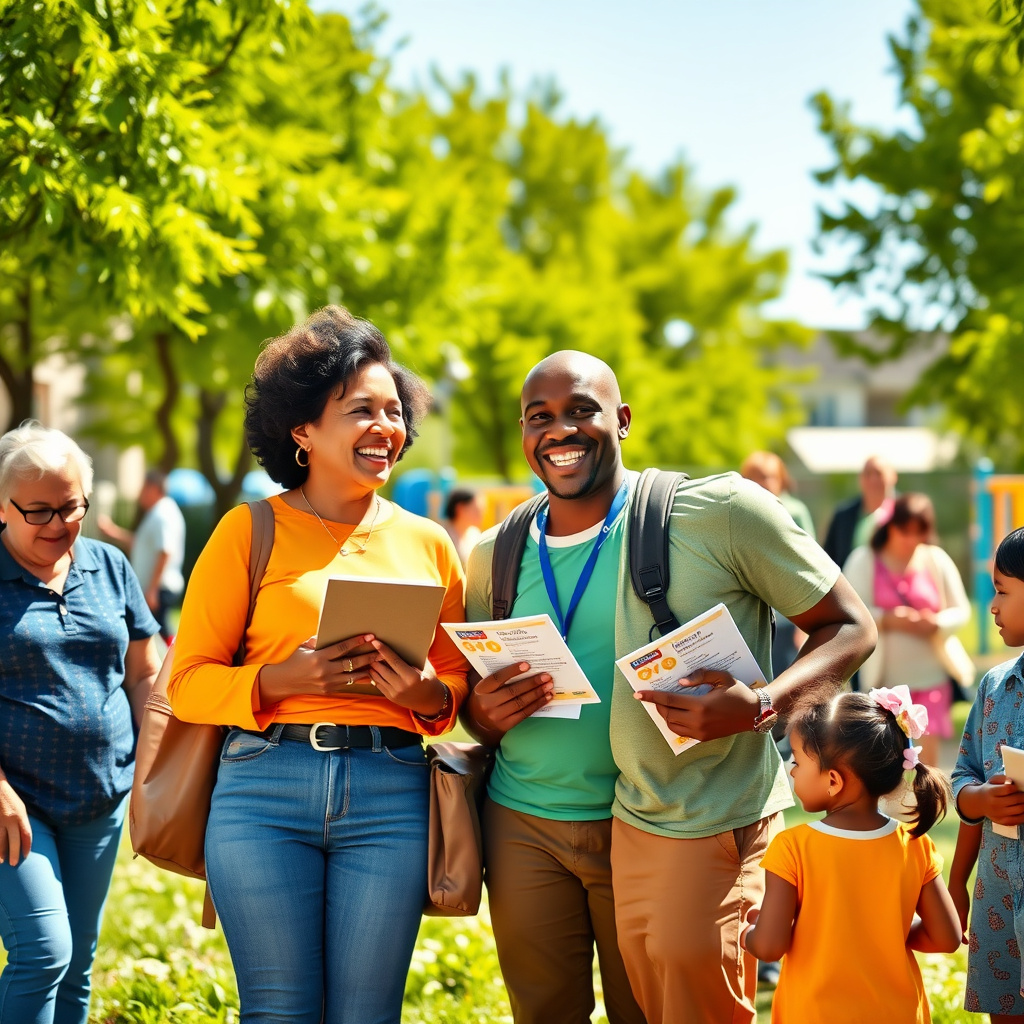 Community Health Workers connecting with diverse families in a neighborhood park