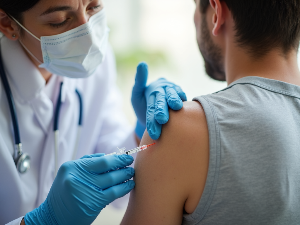A person receiving an allergy shot from a healthcare professional.