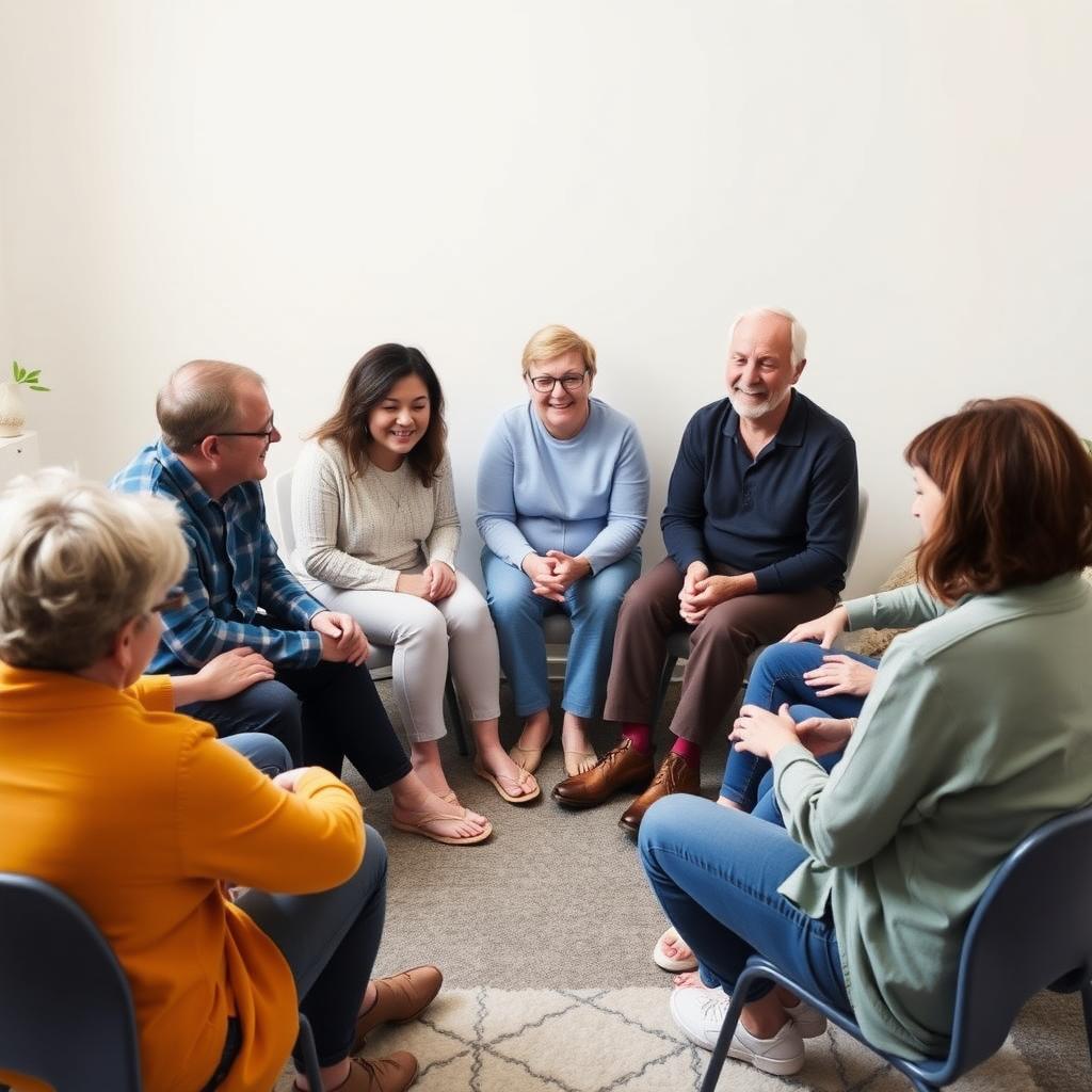 Support group sitting in a circle, talking openly.