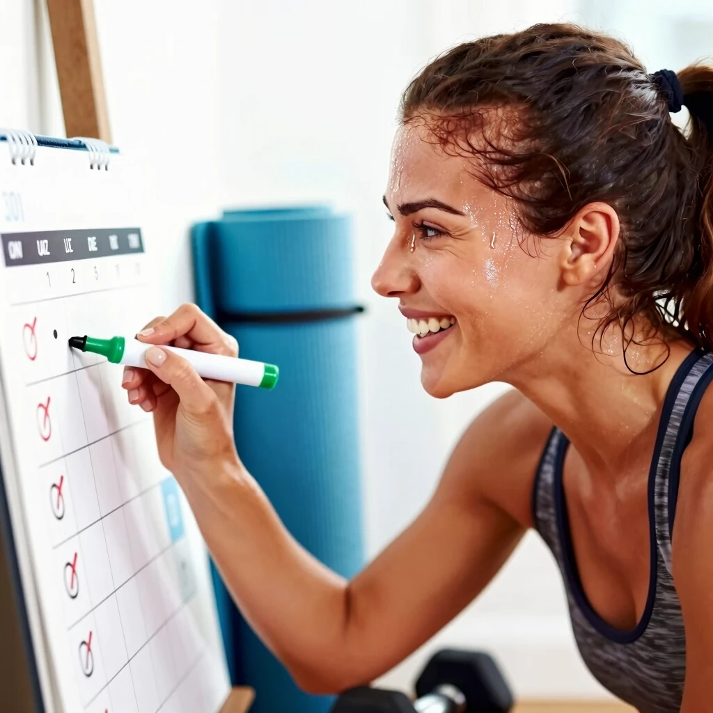Woman marking progress on her fitness calendar