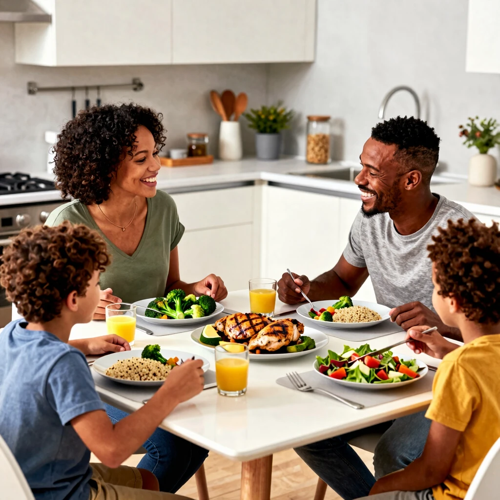 Family enjoying a healthy dinner together at home