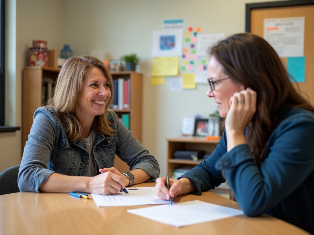 A parent and school administrator discussing safety plans in a school office.