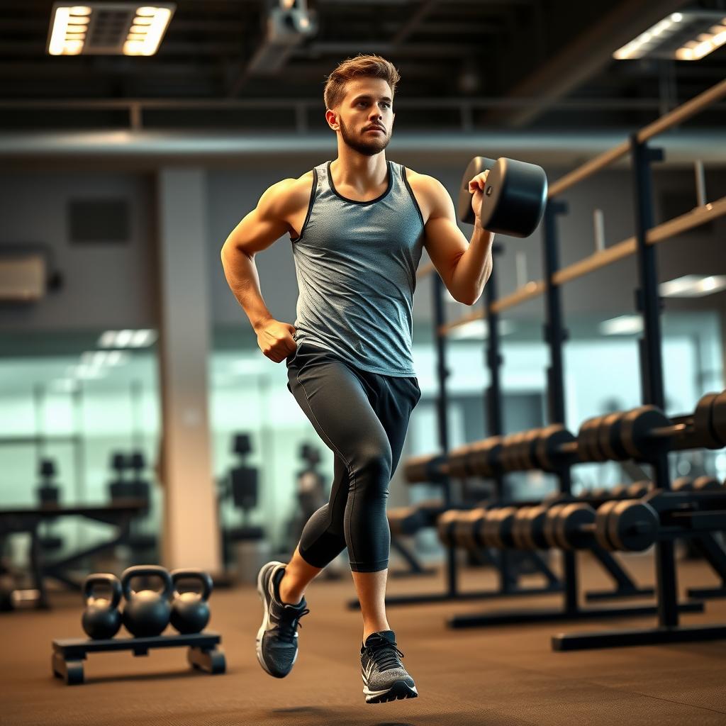 Runner lifting weights in a modern, well-lit gym with dumbbells and kettlebells