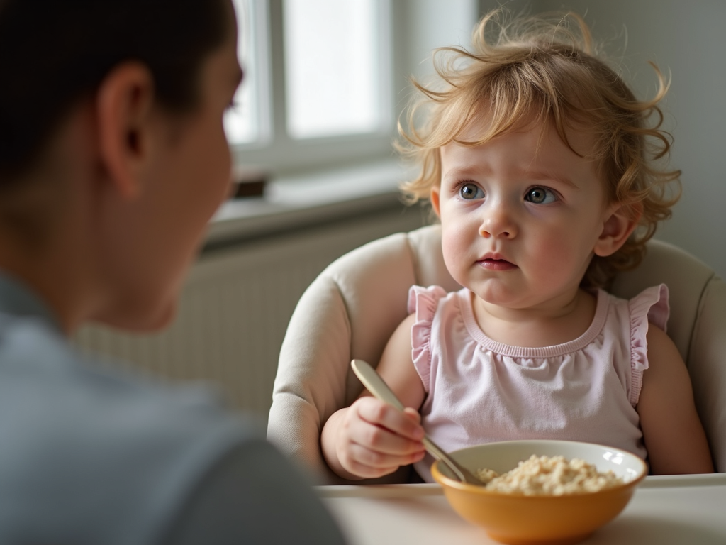 Child eating oatmeal with worried parent