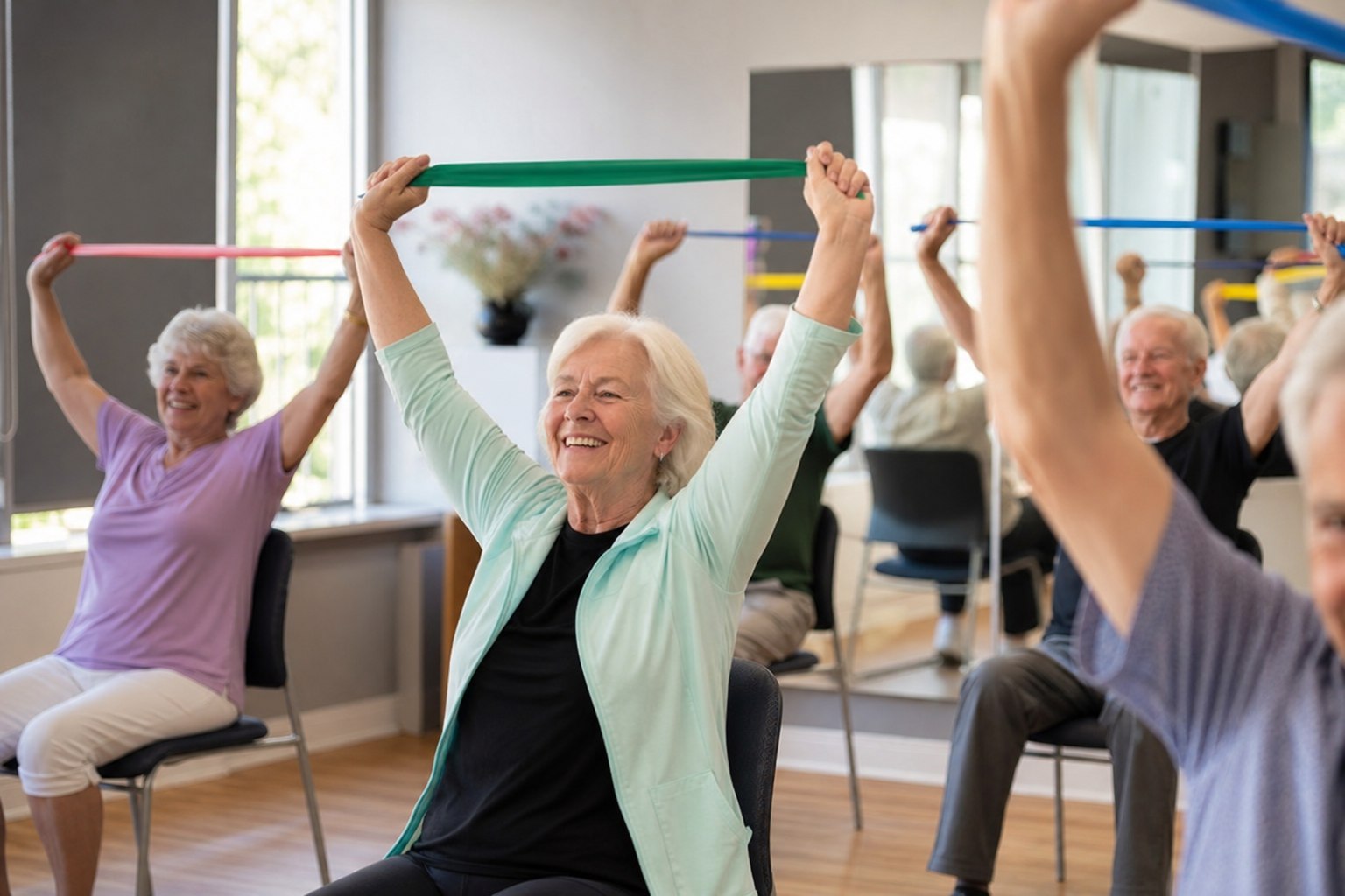 Group of seniors enjoying wellness programs that boost senior health in a fun exercise class