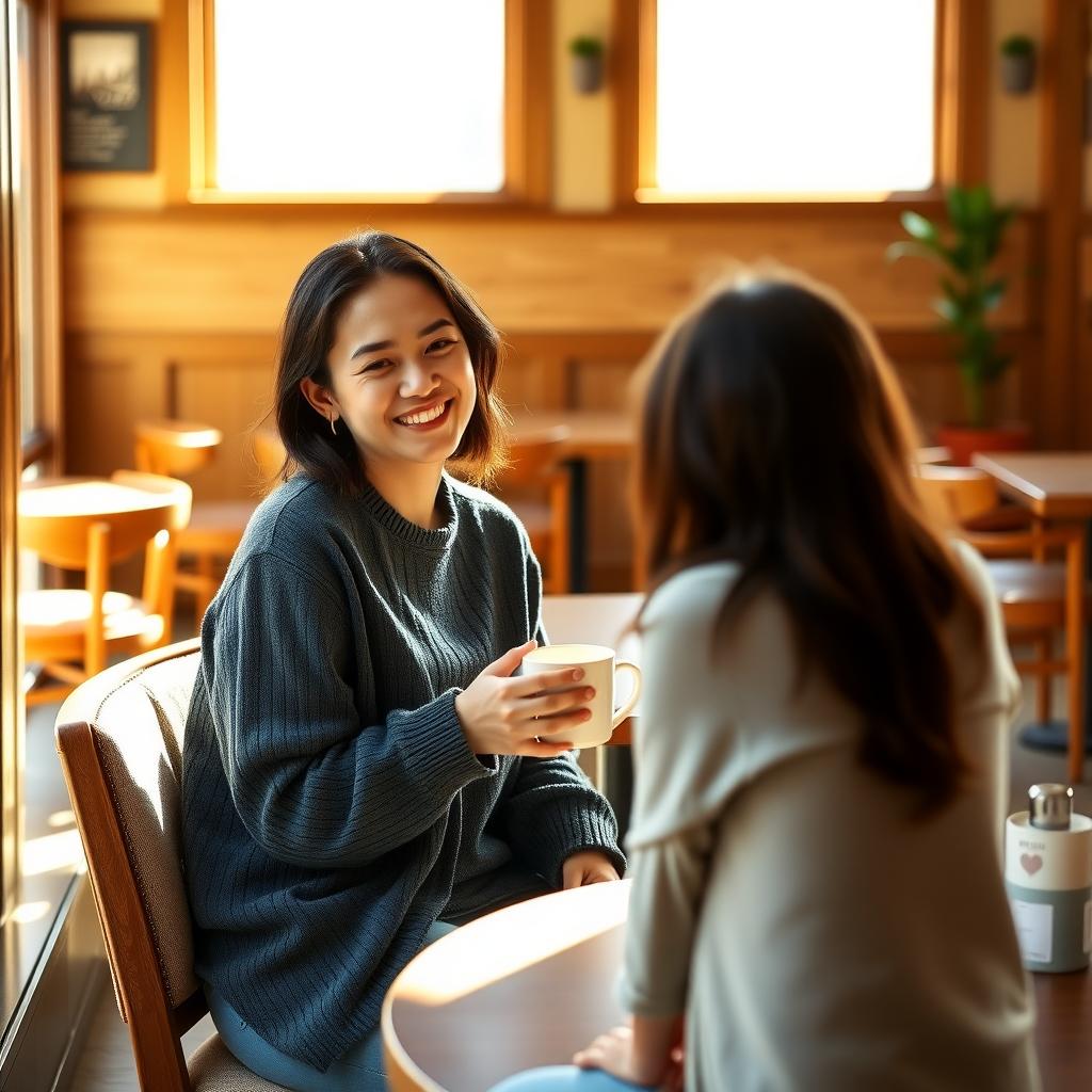 A person and a friend sit in a cozy, sunlit café, sharing a moment of connection.