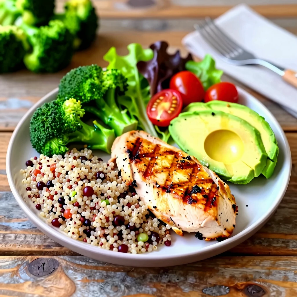 Balanced healthy meal with protein, grains, and vegetables