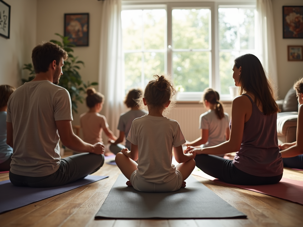 Family practicing yoga at home