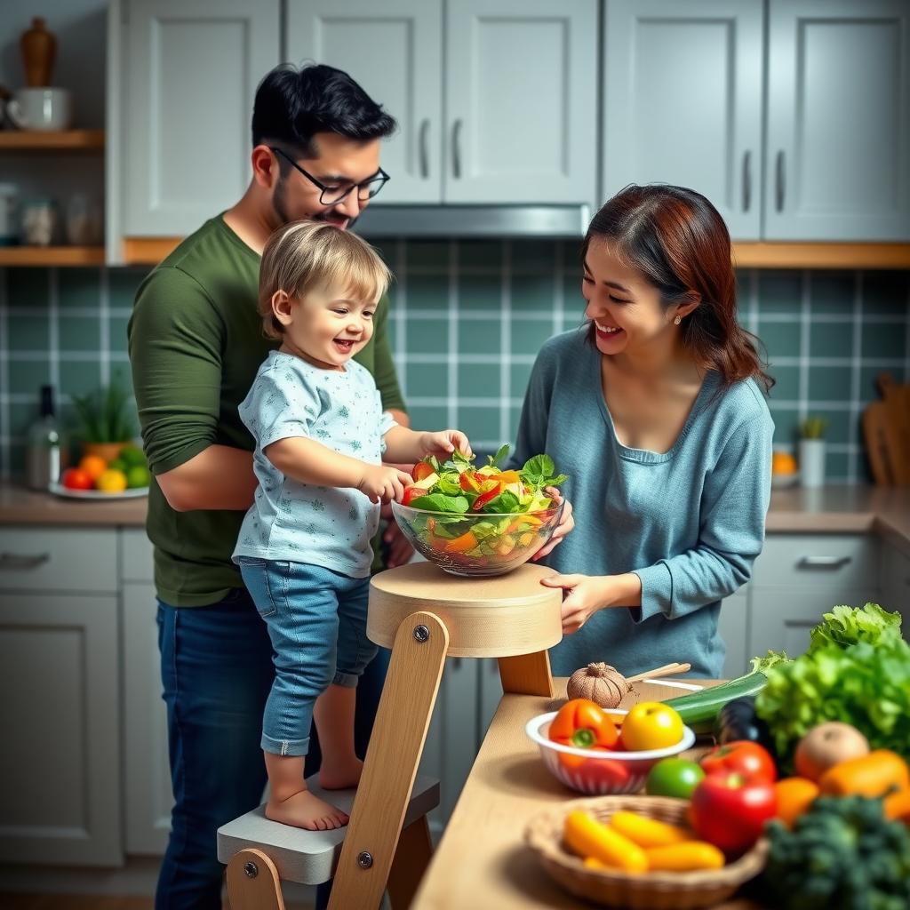 A parent and child preparing a healthy salad together in a cozy kitchen.