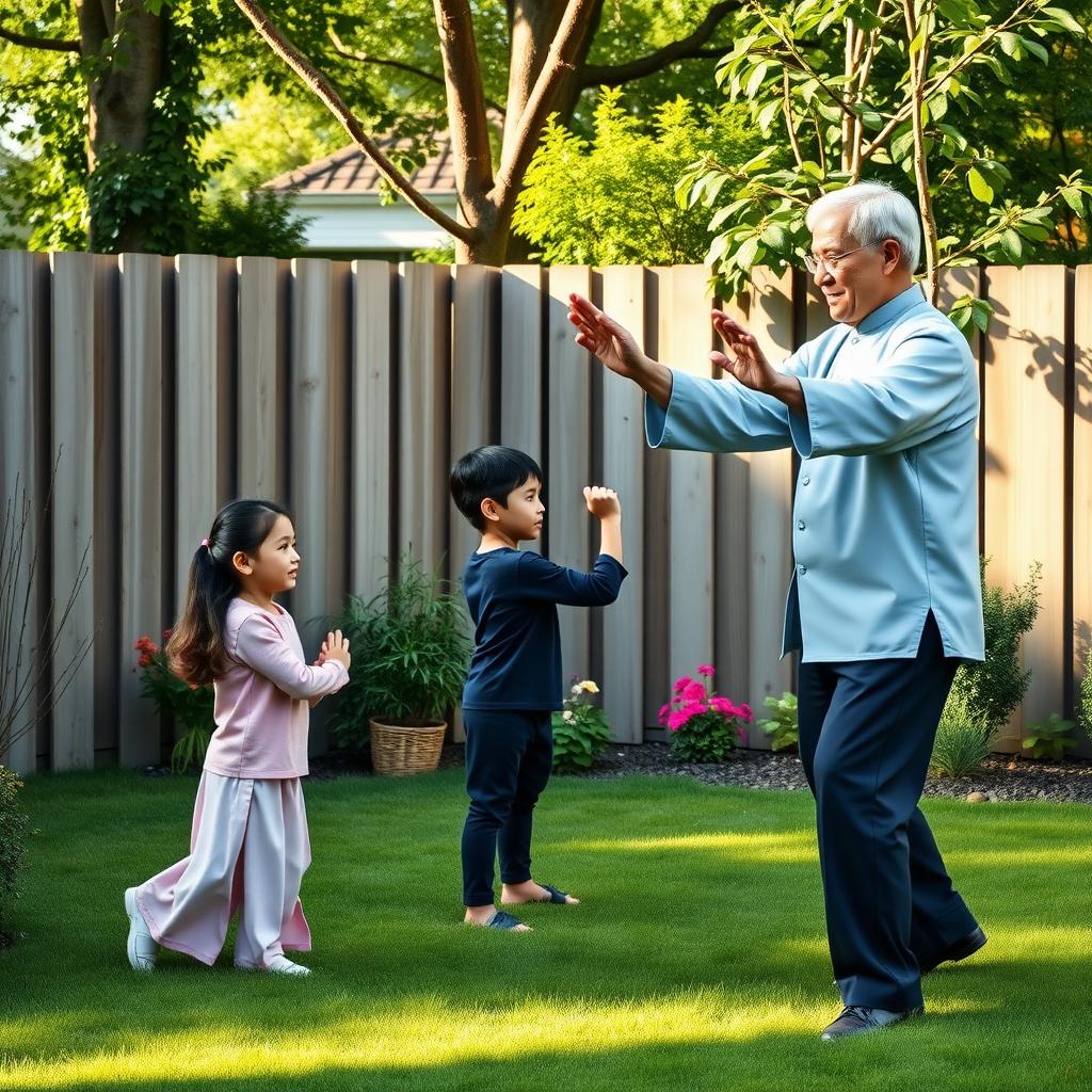 A family practicing Tai Chi in a cozy backyard with green grass, a wooden fence, and a colorful garden.