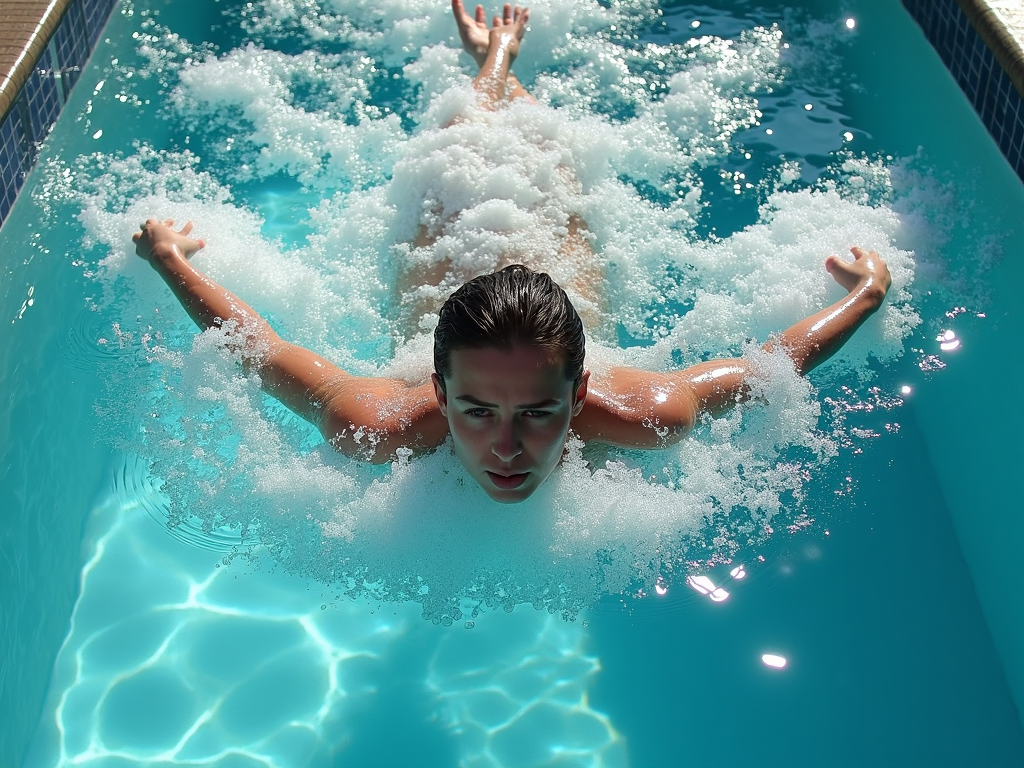 A person swimming in a clear pool with sunlight reflecting off the water.