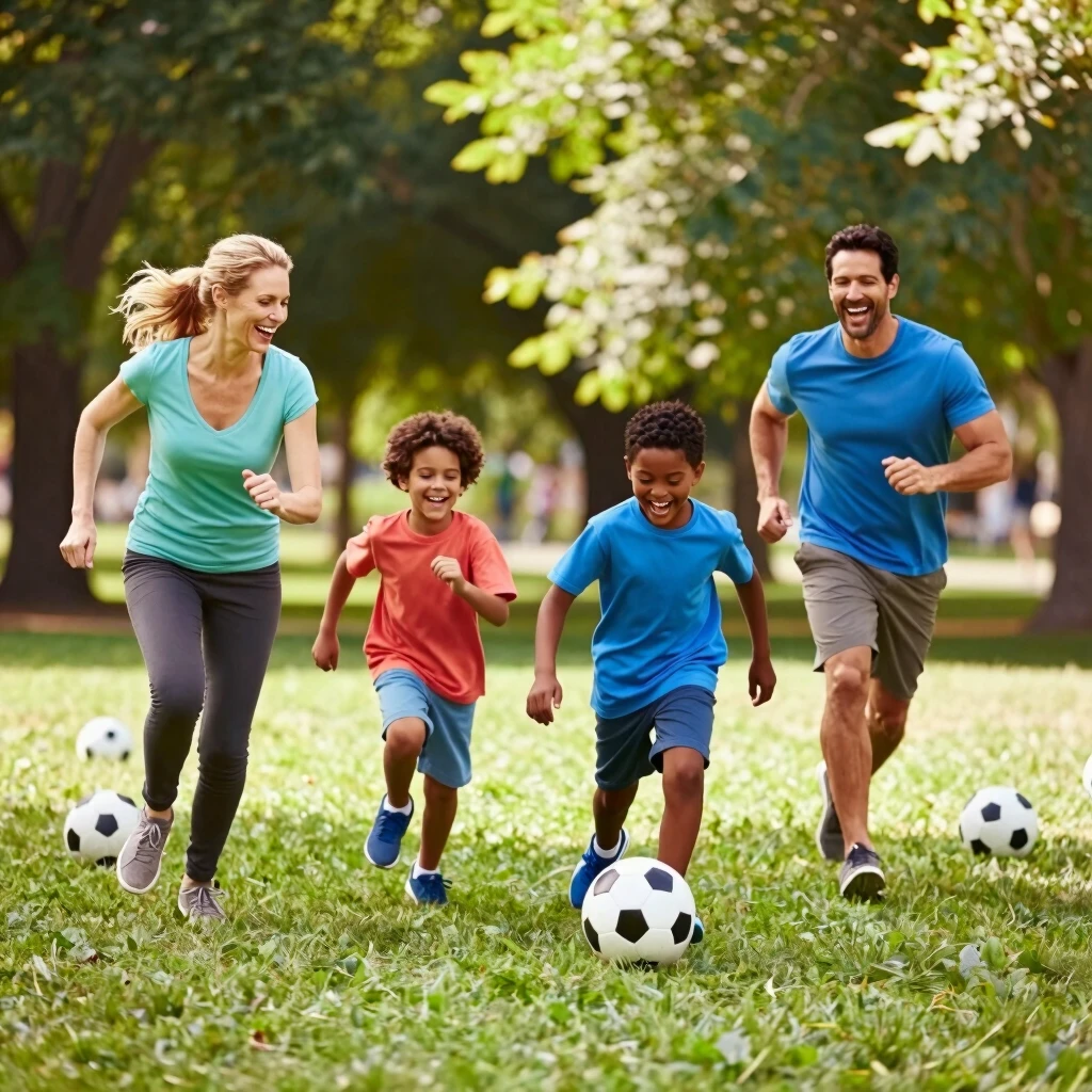 Family playing soccer together in park