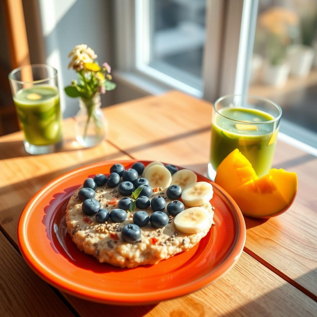 A healthy breakfast plate with oatmeal, blueberries, bananas, chia seeds, and a green smoothie, arranged on a wooden table with wildflowers and natural light.