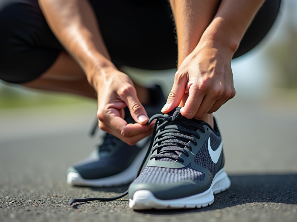 Person preparing for a fitness challenge by tying their running shoes