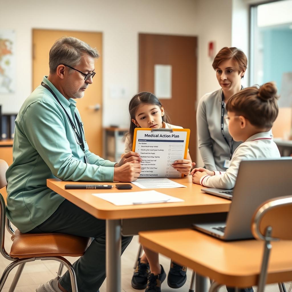Parent discussing FPIES action plan with school nurse and teacher in a modern school office