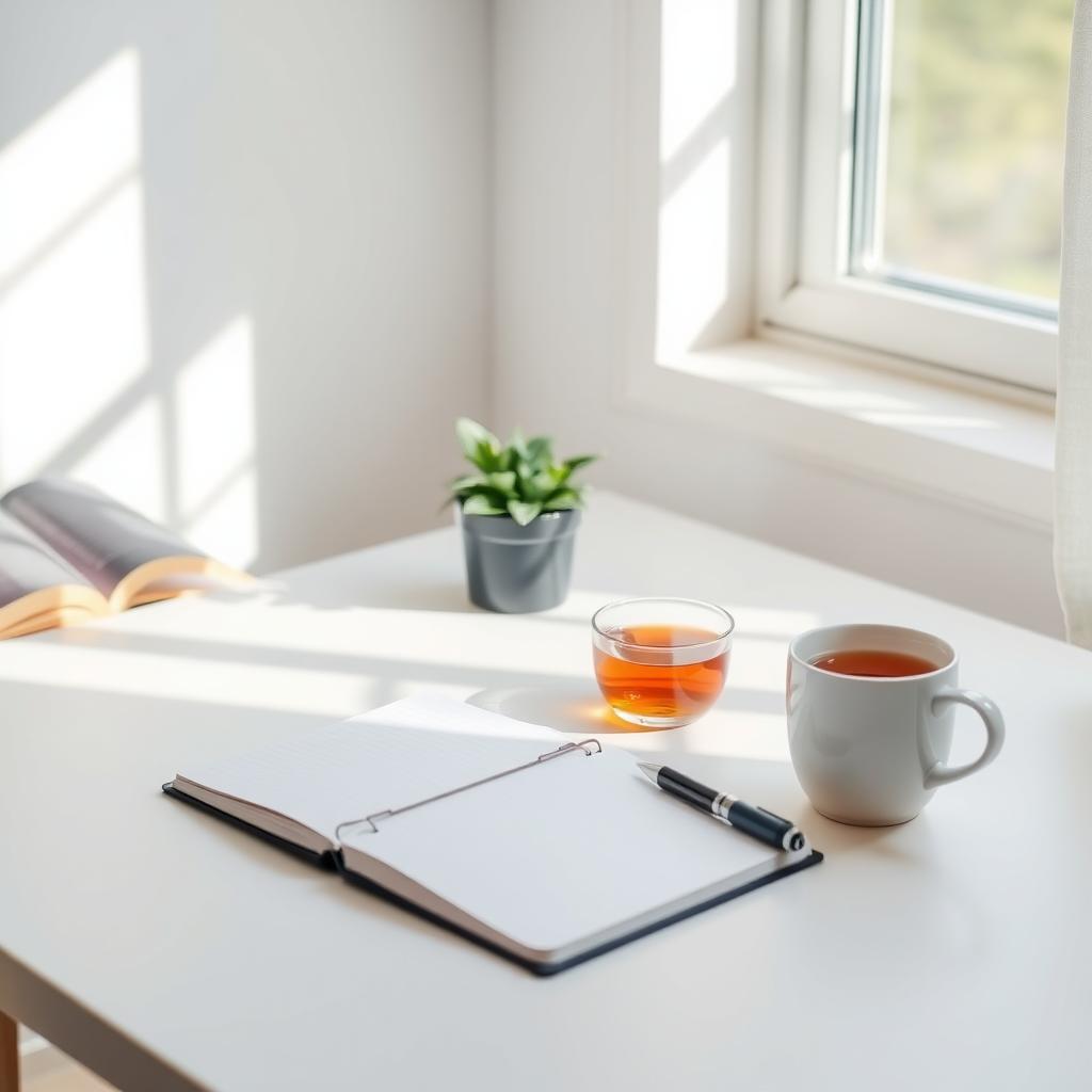 Cozy home office with a clean desk, potted plant, and soft light, ideal for stress reduction.