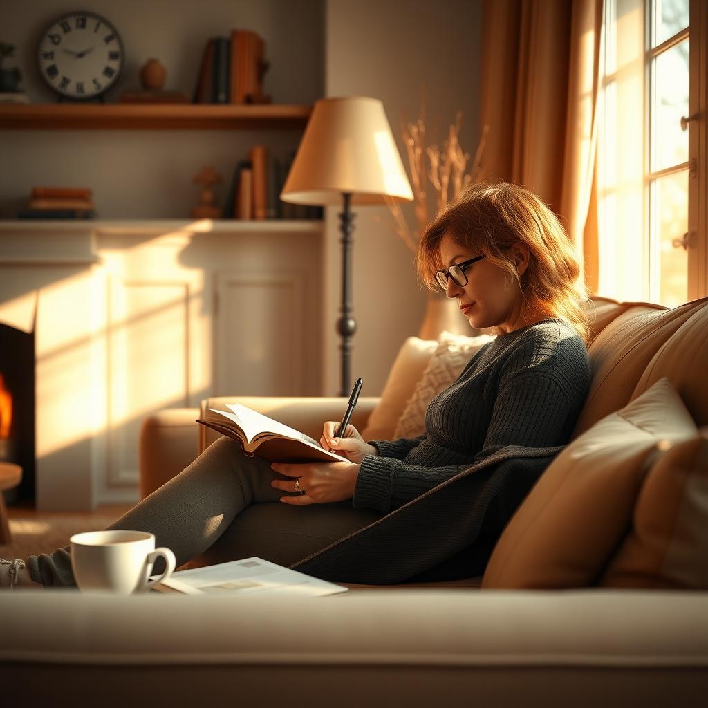 Person writing in a journal in a cozy, sunlit living room, symbolizing the reflective process of Behavioral Activation therapy.