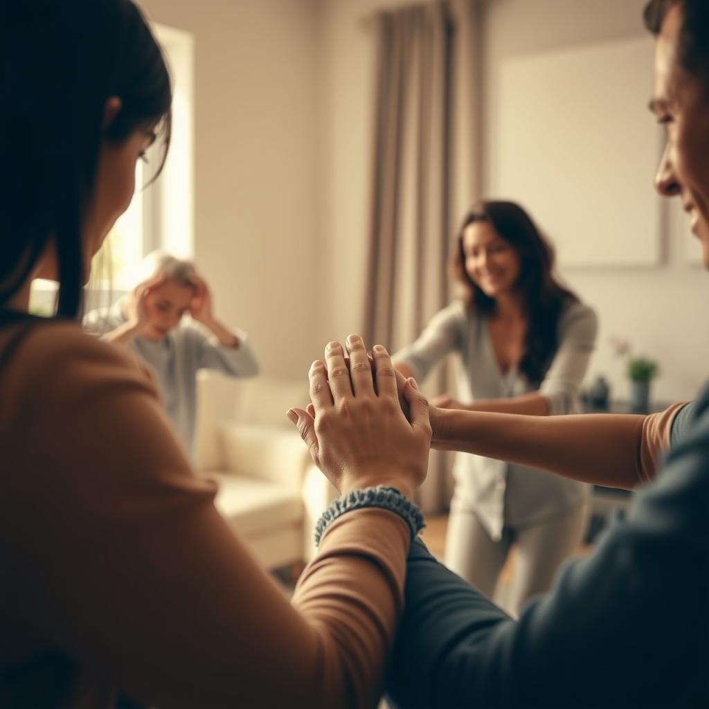 A family holds hands in a therapy session, symbolizing unity and support in a serene room.