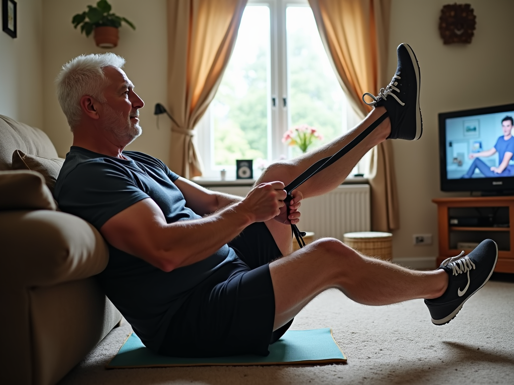 Senior performing seated strength exercises at home