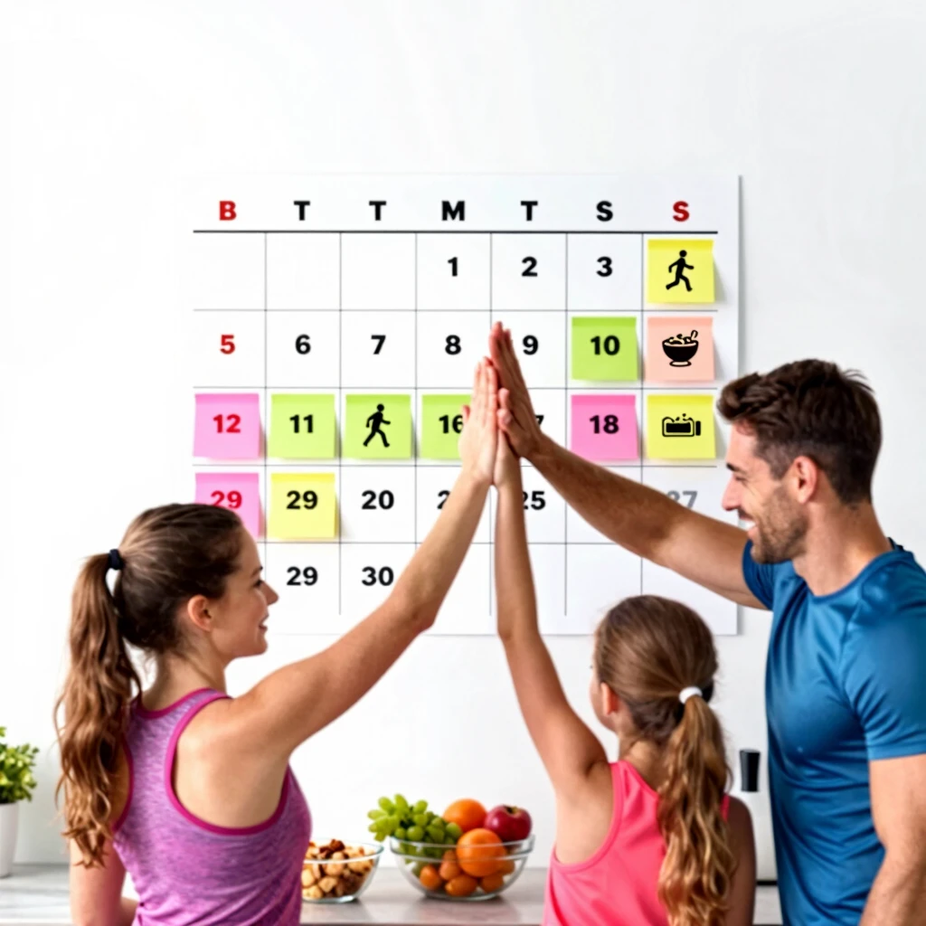 Family tracking their 30-day fitness challenge on a calendar