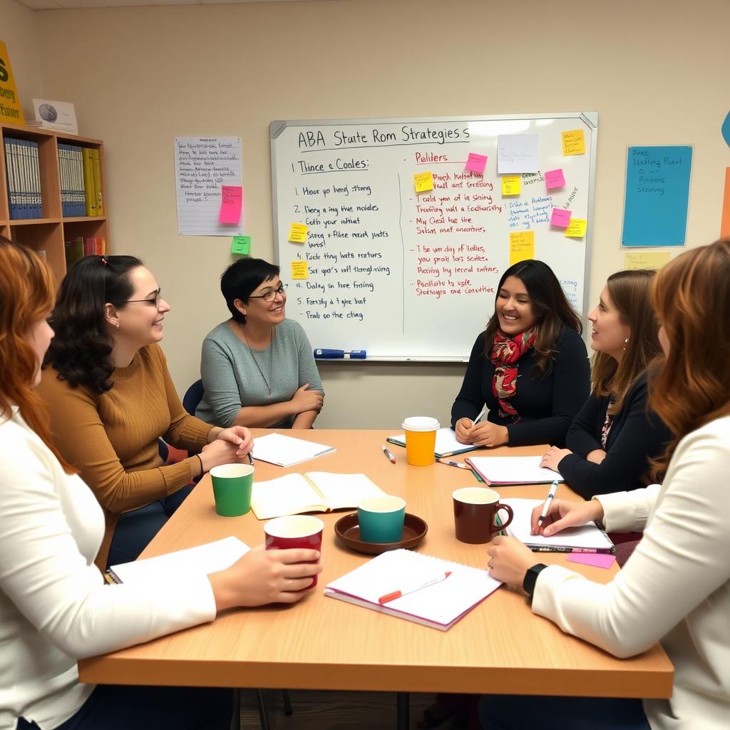 Teachers discussing ABA strategies in a staff meeting