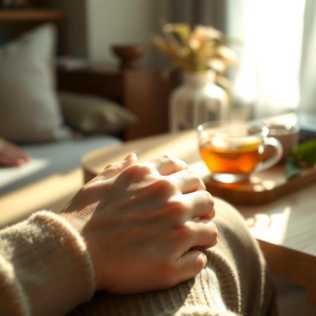 Close-up of hands resting calmly with a cup of tea in a cozy indoor setting