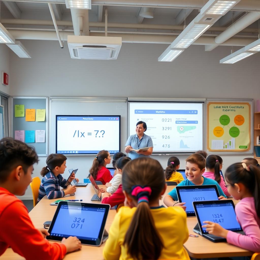 Students in a modern classroom use AI-powered tablets and laptops, engaging with interactive learning software.