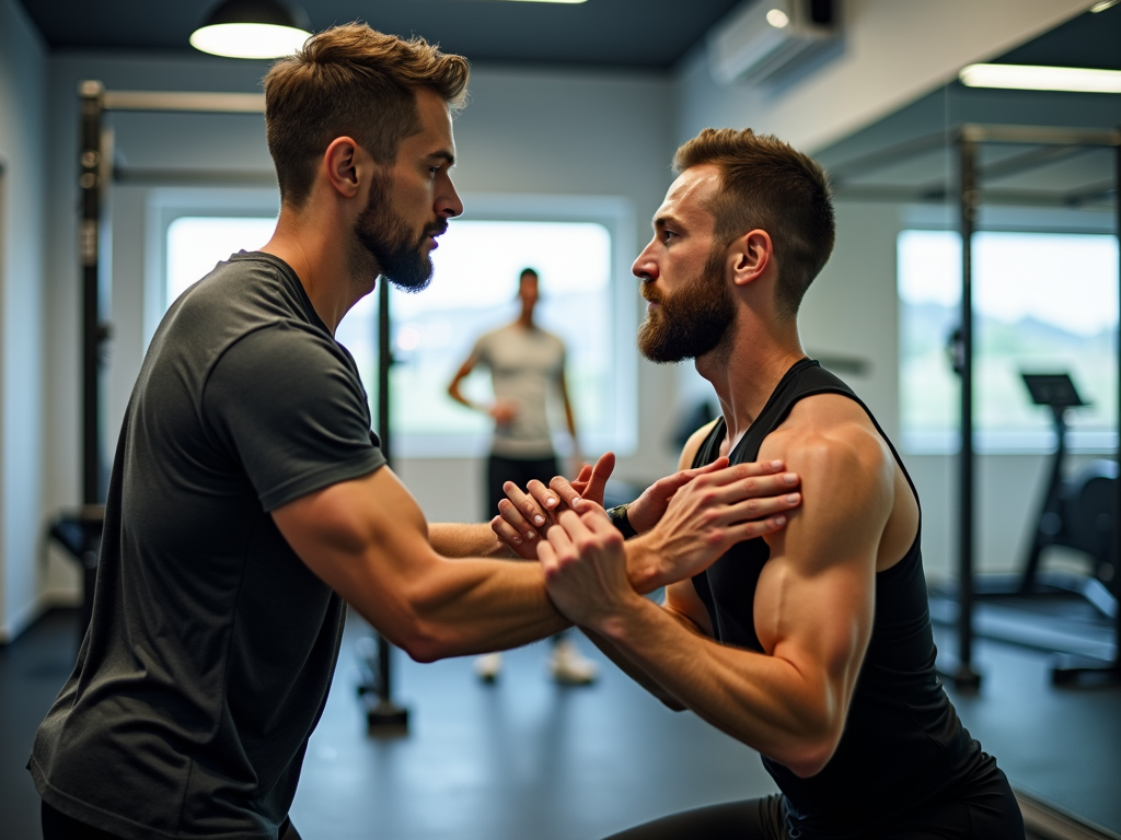 Trainer correcting squat form in a gym
