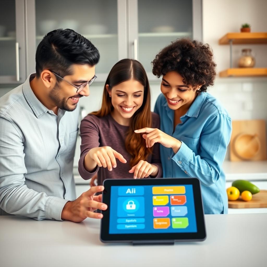 A family of three laughs while using an AI language-learning app on a tablet in a bright, modern kitchen.
