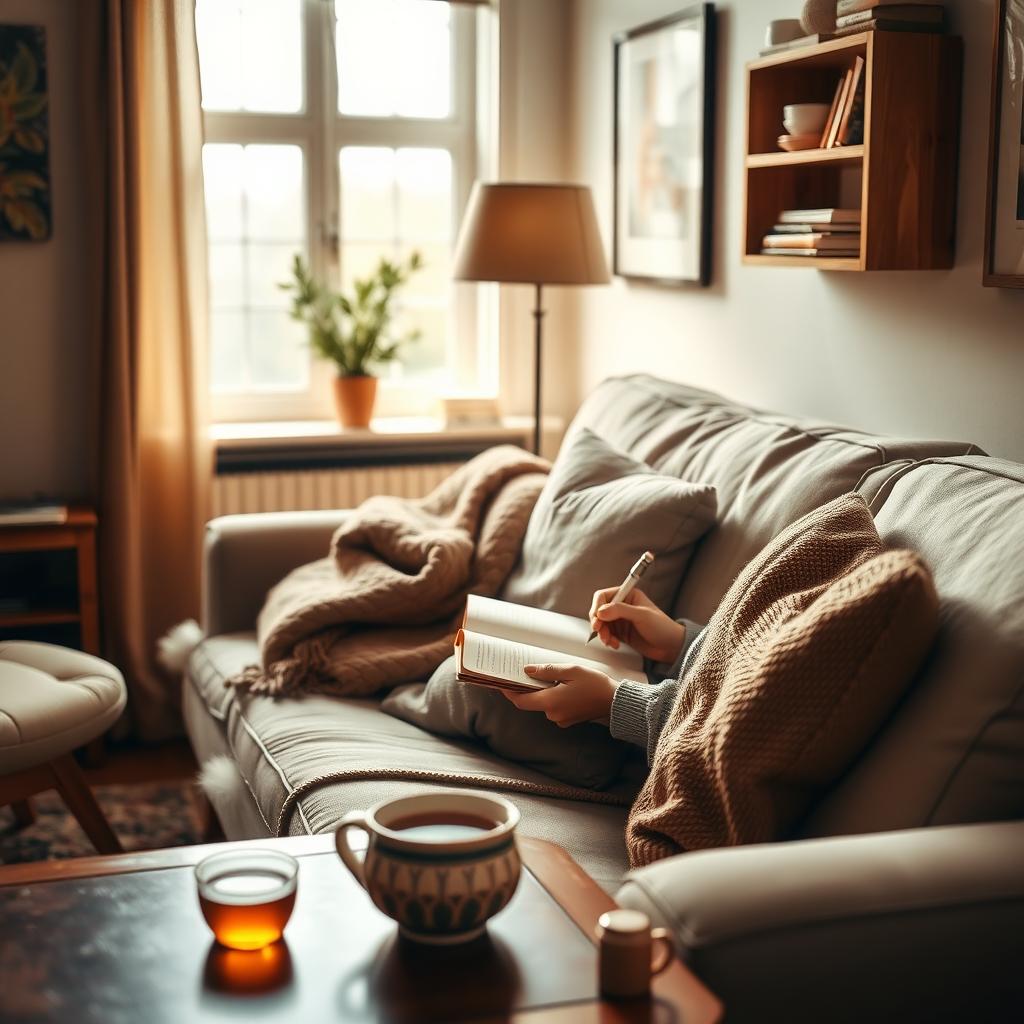 Person writing in a journal on a cozy couch in a warm, well-lit living room with a cup of tea.