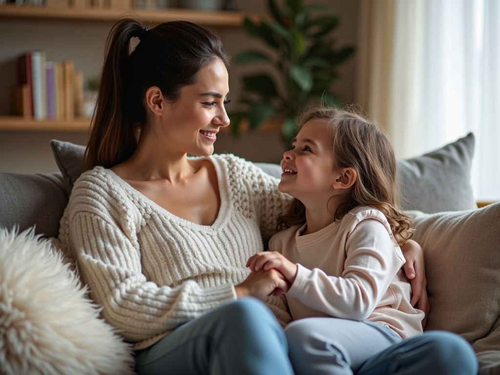 Mother and daughter sharing a calm, mindful moment together.